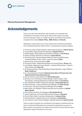 Acknowledgements
Pharma Key Account Management



Acknowledgements
                Thank you to all of the interviewees, peer reviewers and companies that
                contributed to the creation of this report. Without their support, this report
                could not have been made. 24 in-depth interviews were held with top pharma
                companies that included Abbott, Pfizer, BMS, Roche and Novartis.

                Additionally, a special thank-you must be reserved for the following individuals
                who contributed quotations directly, either in a professional or personal capacity:

                ■■   Ifti Ahmed, Head of Sales Academy, Global Sales Excellence at Merck Serono
                ■■   James Bailey, Regional Business Manager at Astellas Pharma
                ■■   Heléna Bargiel, Global Sales Force Excellence Manager at Leo Pharma
                ■■   Ricardo Castrillo, Business Unit Director at Ipsen Pharma
                ■■   Dominique Côté, European Regional Director Field Force Effectiveness,
                     Emerging Markets Europe, Russia, Turkey and Israel at Pfizer
                ■■   Darrell James, Business Analyst at UCB
                ■■   Francesco Frattini, Healthcare Development & Access Director, Roche, Italy
                ■■   Lee Gittings, Regional Accounts Director - Business Effectiveness - Europe &
                     North America with Pfizer UK
                ■■   Dr. Mohamed Khater, Head of Marketing & Sales Operations, region EMEA at
                     Bayer Healthcare
                ■■   Dr. James Kingsland, President National Association of Primary Care and
                     National Clinical Commissioning Lead
                ■■   Roman Koschuk, Sales Director with Reckitt Benckiser
                ■■   Bronwyn Lund, International Project Manager, Patient Support: Team
                     Dermatology, Corporate Marketing and Medical Affairs at Leo Pharma
                ■■   Allan Mackintosh, PMAP Performance Manager at Grunenthal UK Ltd
                ■■   Martin Parkinson, Customer Effectiveness Manager with Pfizer Europe
                ■■   Chris Quinn, Training & Development Manager UK with Shire
                ■■   Mary Stutts, Vice President, Global Corporate Communications at Bristol-
                     Myers Squibb
                ■■   Scott Symes, Business Unit Manager at Grunenthal UK Ltd
                ■■   Jeroen Valkenburg, Commercial Effectiveness Manager at Genzyme
                ■■   Simon White, Head of Learning & Development at Janssen-Cilag
                ■■   Chantal Willems, Hospital & Key Account Manager at AstraZeneca
                ■■   Amy Williams, Senior Product Manager, Diabetes Marketing at Sanofi-Aventis

                Thank you also to everyone who contributed to the research contained within this
                report, including the 956 people who answered the eyeforpharma surveys, the
                peer reviewers, and everyone who spoke to Piers French to ensure that this report
                reflected the needs of the pharma community.

                                                                                                      6
 