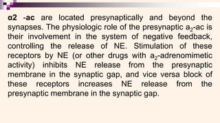 α2 -ac are located presynaptically and beyond the
synapses. The physiologic role of the presynaptic a2-ac is
their involvement in the system of negative feedback,
controlling the release of NE. Stimulation of these
receptors by NE (or other drugs with a2-adrenomimetic
activity) inhibits NE release from the presynaptic
membrane in the synaptic gap, and vice versa block of
these receptors increases NE release from the
presynaptic membrane in the synaptic gap.
 