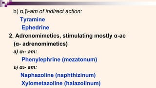 b) α,β-am of indirect action:
Tyramine
Ephedrine
2. Adrenomimetics, stimulating mostly α-ac
(α- adrenomimetics)
a) α1- am:
Phenylephrine (mezatonum)
b) α2- am:
Naphazoline (naphthizinum)
Xylometazoline (halazolinum)
 