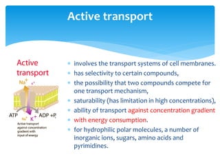 involves the transport systems of cell membranes.
 has selectivity to certain compounds,
 the possibility that two compounds compete for
one transport mechanism,
 saturability (has limitation in high concentrations),
 ability of transport against concentration gradient
 with energy consumption.
 for hydrophilic polar molecules, a number of
inorganic ions, sugars, amino acids and
pyrimidines.
Active transport
 