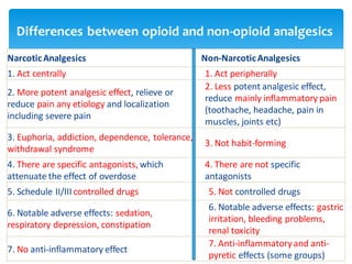 Differences between opioid and non-opioid analgesics
NarcoticAnalgesics Non-NarcoticAnalgesics
1. Act centrally 1. Act peripherally
2. More potent analgesic effect, relieve or
reduce pain any etiology and localization
including severe pain
2. Less potent analgesic effect,
reduce mainly inflammatory pain
(toothache, headache, pain in
muscles, joints etc)
3. Euphoria, addiction, dependence, tolerance,
withdrawal syndrome
3. Not habit-forming
4. There are specific antagonists, which
attenuate the effect of overdose
4. There are not specific
antagonists
5. Schedule II/III controlled drugs 5. Not controlled drugs
6. Notable adverse effects: sedation,
respiratory depression, constipation
6. Notable adverse effects: gastric
irritation, bleeding problems,
renal toxicity
7. No anti-inflammatory effect
7. Anti-inflammatoryand anti-
pyretic effects (some groups)
 