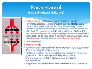  Paracetamol(acetaminophen,panadol, tylenol,
efferalgan) is non-opioid analgesicsof central action.
Paracetamol is contained in a lot of combination drugs (coldrex,
solpadeine, panadeine, citramonum P, etc.) including those for the pediatric use.
 It inhibits PG synthesis in the CNSby the inhibition of COX-3.This
explains its antipyretic and analgesic properties. Acetaminophen has
less effecton COX-1 and COX-2in peripheral tissues,which explains
the absence of clinically relevant anti-inflammatory activity.
 Adverse Effects:
1. Hepatotoxicity
 Can occur after the ingestion of a single toxic dose(20-25g) or after
long term use of therapeutic doses.
 Children are at high risk for hepatotoxicity because they are often
given dosesthat are not age- and weight-appropriate.
 Chronic large dosesof alcohol can increase the risk for
hepatotoxicity.
2. Nephrotoxicity (It has been associated with long-term use).
Paracetamol
(paraaminophenol derivative)
 