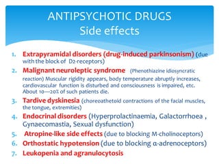 1. Extrapyramidal disorders (drug-induced parkinsonism) (due
with the block of D2-receptors)
2. Malignant neuroleptic syndrome (Phenothiazine idiosyncratic
reaction) Muscular rigidity appears, body temperature abruptly increases,
cardiovascular function is disturbed and consciousness is impaired, etc.
About 10—20% of such patients die.
3. Tardive dyskinesia (choreoathetoid contractions of the facial muscles,
the tongue, extremities)
4. Endocrinal disorders (Hyperprolactinaemia, Galactorrhoea ,
Gynaecomastia, Sexual dysfunction)
5. Atropine-like side effects (due to blocking M-cholinoceptors)
6. Orthostatic hypotension (due to blocking α-adrenoceptors)
7. Leukopenia and agranulocytosis
ANTIPSYCHOTIC DRUGS
Side effects
 