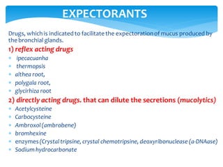 Drugs, which is indicated to facilitate the expectorationof mucus produced by
the bronchial glands.
1) reflex acting drugs
 ipecacuanha
 thermopsis
 althea root,
 polygala root,
 glycirhiza root
2) directly acting drugs. that can dilute the secretions (mucolytics)
 Acetylcysteine
 Carbocysteine
 Ambroxol(ambrobene)
 bromhexine
 enzymes(Crystaltripsine, crystal chemotripsine, deoxyribonuclease (а-DNAase)
 Sodium hydrocarbonate
EXPECTORANTS
 
