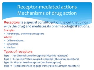 Receptors Is a special constituent of the cell that binds
with the drug and mediates its pharmacological actions.
Examples
 Adrenergic , cholinergic receptors
Where?
 Cell membrane.
 Cytoplasm
 Nucleus
Types of receptors
Type I - Ion Channel Linked receptors (Nicotinic receptors)
Type II - G -Protein Protein coupled receptors (Muscarinic receptors)
Type III - Kinase-Linked receptors (Insulin receptors)
Type IV - Receptors linked to gene transcription (Estrogen receptors)
Receptor-mediated actions
Mechanisms of drug action
 