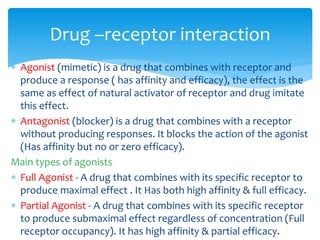  Agonist (mimetic) is a drug that combines with receptor and
produce a response ( has affinity and efficacy), the effect is the
same as effect of natural activator of receptor and drug imitate
this effect.
 Antagonist (blocker) is a drug that combines with a receptor
without producing responses. It blocks the action of the agonist
(Has affinity but no or zero efficacy).
Main types of agonists
 Full Agonist - A drug that combines with its specific receptor to
produce maximal effect . It Has both high affinity & full efficacy.
 Partial Agonist - A drug that combines with its specific receptor
to produce submaximal effect regardless of concentration (Full
receptor occupancy). It has high affinity & partial efficacy.
Drug –receptor interaction
 