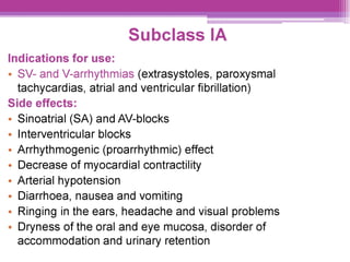 ||
Subclass IA
Indications for use:
e SV- and V-arrhythmias (extrasystoles, paroxysmal
tachycardias, atrial and ventricular fibrillation)
Side effects:
¢ Sinoatrial (SA) and AV-blocks
e Interventricular blocks
e Arrhythmogenic (proarrhythmic) effect
Decrease of myocardial contractility
Arterial hypotension
Diarrhoea, nausea and vomiting
Ringing in the ears, headache and visual problems
Dryness of the oral and eye mucosa, disorder of
accommodation and urinary retention
 