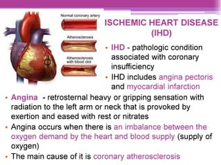 Normal coronary artery
ISCHEMIC HEART DISEASE
Atherosclerosis (1 H D)
e—= ° [HD - pathologic condition
Atherosclerosis associated with coronary
with blood clot . 4
insufficiency
e IHD includes angina pectoris
and myocardial infarction
e Angina -retrosternal heavy or gripping sensation with
radiation to the left arm or neck that is provoked by
exertion and eased with rest or nitrates
e Angina occurs when there is an imbalance between the
oxygen demand by the heart and blood supply (supply of
oxygen)
¢ The main cause of it is coronary atherosclerosis
 