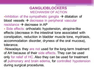 GANGLIOBLOCKERS
MECHANISM OF ACTION
•Inhibition of the sympathetic ganglia → dilatation of
blood vessels → decrease in peripheral vascular
resistance → decrease in AP
• Side effects: orthostatic hypotension, atropine-like
effects (decrease in the intestinal tone associated with
constipation, reduction in bladder muscle tone, mydriasis,
accommodation disorder, dryness of the oral mucosa),
tolerance.
•Nowadays they are not used for the long-term treatment
of AH because of their side effects. They can be used
only for relief of HC. Also they can be used for treatment
of pulmonary and brain edema, for controlled hypotension
during surgical procedures.
 