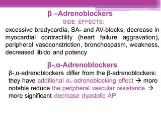 β –Adrenoblockers
SIDE EFFECTS:
excessive bradycardia, SA- and AV-blocks, decrease in
myocardial contractility (heart failure aggravation),
peripheral vasoconstriction, bronchospasm, weakness,
decreased libido and potency
β-,α-Adrenoblockers
β-,α-adrenoblockers differ from the β-adrenoblockers:
they have additional α1-adrenoblocking effect → more
notable reduce the peripheral vascular resistance →
more significant decrease dyastolic AP
 