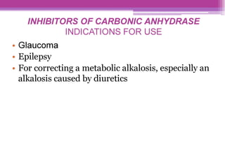 INHIBITORS OF CARBONIC ANHYDRASE
INDICATIONS FOR USE
e Glaucoma
° Epilepsy
¢ For correcting a metabolic alkalosis, especially an
alkalosis caused by diuretics
 