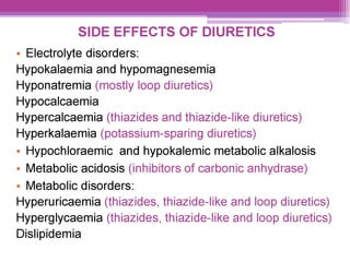 SIDE EFFECTS OF DIURETICS
¢ Electrolyte disorders:
ypokalaemia and hypomagnesemia
Hyponatremia (mosily loop diuretics)
Fypocalcaemia
ypercalcaemia (thiazides and thiazide-like diuretics)
Hyperkalaemia (potassium-sparing diuretics)
e Hypochloraemic and hypokalemic metabolic alkalosis
¢ Metabolic acidosis (inhibitors of carbonic anhydrase)
e Metabolic disorders:
Hyperuricaemia (thiazides, thiazide-like and loop diuretics)
Hyperglycaemia (thiazides, thiazide-like and loop diuretics)
Dislipidemia
 