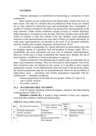 VITAMINS
Vitamins participate in metabolism by functioning as coenzymes or their
components.
Most vitamins are not synthesized in the human body. Usually diet serves as
their source. The only two vitamins that are produced in body tissues are vitamin
D3 (in skin exposed to ultraviolet rays) and nicotinamide (from tryptophan). A
number of vitamins (vitamin К and others) are produced by microorganisms in the
large intestine. Under certain conditions varying severity of vitamin deficiency
(hypovitaminosis, avitaminosis) may develop. The most common cause of the defi-
ciency of vitamins is their low content in the diet. Besides, some pathological
processes in the gastrointestinal tract may lead to failure of vitamin absorption. In
some cases hypovitaminosis can develop as the result of an increased metabolic
need for vitamins (for example, pregnancy, thyrotoxicosis, fever).
It is possible to compensate for vitamin deficiency by prescribing a diet with
an adequate content of vegetables, fruit and products of animal origin. This is,
undoubtedly, the most convenient and easy way to eliminate hypovitaminosis.
However, in this case it is hard to determine the vitamin dose. Besides, the use of
food vitamins is ineffective if vitamin absorption is impaired.
Vitamins produced by the pharmaceutical industry play an important role in
hypo- and avitaminosis therapy. They are convenient in many respects. First of all,
their production does not depend on the season. It is possible to dose vitamin
preparations exactly. If oral administration does not result in the necessary effect,
the vitamin preparations may also be used parenterally. However, the possibility of
hypervitami- nosis — poisoning with vitamin preparations (especially with fat-
soluble ones) — should be considered.
Vitamin preparations are divided into two groups1
(Table 21.1 and 21.2):
• water-soluble vitamins;
• fat-soluble vitamins.
21.1. WATER-SOLUBLE VITAMINS
A lot of vitamins including vitamin В complex, vitamin С and others belong
to this group (see Table 21.1).
Thiamine (vitamin B1) is found in large amounts in bran, rice, legumes,
yeast and other products of plant and animal origin.
Table 21.1. Water-soluble vitamins
Sign The name and synonyms
Coenzymes which contain
these vitamins
Approxi
mate
daily
requirem
ent for
adults,
mg
Drug
B1
Thiamine (antineuritic
vitamin, aneurine)
Thiamine
pyrophosphate
1.2 Thiamine bromide
Thiamine chloride
B2
Riboflavin (growth stimulator)Flavin
mononucleotide (FMN),
flavin adenine
dinucleotide (FAD)
1.3 Riboflavin
 