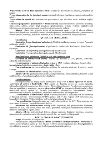 Preparations used for their systemic action: nocardiosis, toxoplasmosis, malaria, prevention of
plague.
Preparations acting in the intestinal lumen: intestinal infections (bacillary dysentery, enterocolitis,
colitis).
Preparations for topical use: treatment and prevention of eye infections, burns, bedsores, trophic
ulcers.
Combined preparations (sulfonamide + trimethoprim): intestinal infections (bacillary dysentery,
enterocolitis, colitis), urinary tract infections (pyelohephritis, pyelitis, cystitis), staphylococcal
infections, pneumocystis pneumonia, nocardiosis, toxoplasmosis, malaria.
Adverse effects (the systemic action of sulfonamides causes a lot of adverse effects):
hemopoiesis impairment (hemolytic anemia, thrombocytopenia, methemoglobinemia), gastrointestinal
distress (nausea, vomiting), headache, weakness, CNS disorders, cristalluria, allergic reactions.
QUINOLONE DERIVATIVES
Classification
Generation I (non-fluorinated quinolones): Nalidixic acid (nevigramon, negram), Pipemidic
acid (palin, pimidel)
Generation II (fluoroquinolones): Ciprofloxacin, Norfloxacin, Perfloxacin, Lomefloxacin,
Ofloxacin
Generation III (respiratory fluoroquinolones): Levofloxacin
Generation IV (respiratory fluoroquinolones): Moxifloxacin
Non-fluorinated quinolones (Nalidixic acid and Pipemidic acid)
Spectrum of antimicrobial activity includes gr- bacteria: E. coli, proteus, klebsiellas,
schigellas and salmonellas.
The mechanism of antimicrobial action is due to DNA synthesis inhibition. Type of effect –
bacteriostatic, but in high concentration - bactericidal effect.
Pharmacokinetics: they are readily absorbed from the gastrointestinal tract. Excretion - by the
kidneys.
Indications for administration: urinary tract infections.
Adverse effects: gastrointestinal distress, allergic reactions, photodermatosis, transient visual
problems (loss of visual acuity, photophobia), headache.
Fluoroquinolones
Fluoroquinolones are highly active antibacterial drugs with a broad spectrum of action.
Generation II exhibit a bactericidal effect against gr- bacteria (gonococci, E.coli, schigella,
salmonella, Klebsiella pneumoniae, Enterobacter, Hemophilus influenzae, Pseudomonas aeruginosa),
they are less effective against gr+ bacteria. Generations III-IV are characterized additionally by high
bactericidal activity against gr+ bacteria (streptococci, pneumococci, staphylococci, listeria,
corinebacteria), chlamydia, mycoplasma, ureaplasma and anaerobic microorganisms.
The mechanism of antibacterial action of fluoroquinolones is associated with the inhibition
of bacterial enzymes - topoisomerases II (DNA-gyrase) and IV; this impairs DNA replication and,
hence, RNA formation. All this interferes with bacterial growth and division.
Pharmacokinetics: fluoroquinolones are readily absorbed from the GIT. They penetrate into
most tissues. Excretion - by the kidneys and the liver.
Indications for administration: urinary tract-, respiratory and gastrointestinal infections,
infections of skin, soft tissues, bones and joints, gonorrhea, meningitis, intraabdominal infections,
infections of the pelvic organs, sepsis
Adverse effects: gastrointestinal distress, allergic reactions, headache, dizziness, insomnia,
photosensitivity, arthralgia, superinfection (in general, they are usually well tolerated).
DERIVATIVES OF 8-OXYQUINOLINE
Drugs: Nitroxoline, Chlorquinaldol
Derivatives of 8-oxyquinoline have a broad spectrum of antibacterial action. Nitroxoline (5-
nitrox) is more effective against gr- m/o, besides, it affects certain fungi (yeast, etc). Chlorquinaldol is
more effective against gr- m/o, besides, it affects certain fungi and protozoa.
 