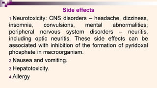 0
Side effects
1.Neurotoxicity: CNS disorders — headache, dizziness,
insomnia, convulsions, mental abnormalities;
peripheral nervous system disorders -—_ neuritis,
including optic neuritis. These side effects can be
associated with inhibition of the formation of pyridoxal
phosphate in macroorganism.
2.Nausea and vomiting.
3.Hepatotoxicity.
4 Allergy
 