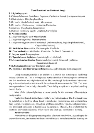 Classification of antiblastomic drugs
I. Alkylating agents
1. Chloroethylamines: Sarcolysin, Dopanum, Cyclophosphamide (cyclophosphanum)
2. Ethylenimines: Thiophosphamidum
3. Derivative of alkylsulfonic acid : Myelosanum
4. Derivatives of nitrosourea: Lomustine, Carmustine
5. Triazenes: Dacarbazine, Procarbazine
6. Platinum containing agents: Cysplatin, Carboplatin
II. Antimetabolites
1. Antagonists of folic acid: Methotrexate
2. Antagonists of purine: Mercaptopurine
3. Antagonists of pyrimidine: Fluorouracil (phthoruracilum), Tegafur (phthorafurum),
Capecitabine (xeloda)
III. Antibiotics: Doxorubicin, Dactinomycin, Carubicin
IV. Plant derivatives: Vinblastine, Vincristine, Paclitaxel, Etoposide etc.
V. Enzyme agent: L-asparaginase
VI. Tyrosin kinase inhibitors: Imatinib (glivec), Gefitinib
VII. Monoclonal antibodies: Trastuzumab (herceptin), Rituximab (mabtera),
Bevacizumab (avastin)
VIII. Cytokines (Interferons: Interferon-alfa)
IX. Hormones and their antagonists (estrogens, androgens and their antagonists)
Using chloroethylamines as an example it is shown that in biological fluids they
release a chlorine ion. This is accompanied by the formation of an electrophilic carbonium
ion that transforms into ethylenimmonium. The last through the formation of a function-
ally active carbonium ion interacts with the nucleophilic structures of the DNA. This leads
to a suppression of vital activity of the cells. Their ability to replicate is impaired, resulting
in their death.
Most of the chloroethylamines are used mainly for the treatment of hematologic
malignancies.
Cyclophosphamide in itself does not have a cytotoxic action. The drug is activated
by metabolism in the liver where its active metabolites (phosphamide and acrolein) have
been formed. The metabolites provide an antiblastomic effect. The drug induces more or
less prolonged remissions in hematologic malignancies. Besides, it is available for the
treatment of ovarian carcinoma, breast cancer and small cell carcinoma of the lung.
Antimetabolites
Preparations of this group are antagonists of natural metabolites. According to the
chemical structure, antimetabolites bear a resemblance to natural metabolites but they are
 