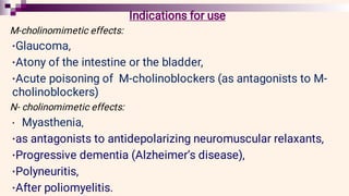 •
•
•
•
•
•
•
•
Indications for use
M-cholinomimetic effects:
Glaucoma,
Atony of the intestine or the bladder,
Acute poisoning of M-cholinoblockers (as antagonists to M-
cholinoblockers)
N- cholinomimetic effects:
Myasthenia,
as antagonists to antidepolarizing neuromuscular relaxants,
Progressive dementia (Alzheimer’s disease),
Polyneuritis,
After poliomyelitis.
 