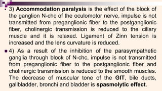 ▪ 3) Accommodation paralysis is the effect of the block of
the ganglion N-chc of the oculomotor nerve, impulse is not
transmitted from preganglionic fiber to the postganglionic
fiber, cholinergic transmission is reduced to the ciliary
muscle and it is relaxed. Ligament of Zinn tension is
increased and the lens curvature is reduced.
◼ 4) As a result of the inhibition of the parasympathetic
ganglia through block of N-chc, impulse is not transmitted
from preganglionic fiber to the postganglionic fiber and
cholinergic transmission is reduced to the smooth muscles.
The decrease of muscular tone of the GIT, bile ducts,
gallbladder, bronchi and bladder is spasmolytic effect.
 