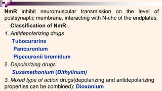 NmR inhibit neuromuscular transmission on the level of
postsynaptic membrane, interacting with N-chc of the endplates.
Classification of NmR:.
1. Antidepolarizing drugs
Tubocurarine
Pancuronium
Pipecuronii bromidum
2. Depolarizing drugs
Suxamethonium (Dithylinum)
3. Mixed type of action drugs(depolarizing and antidepolarizing
properties can be combined): Dioxonium
 