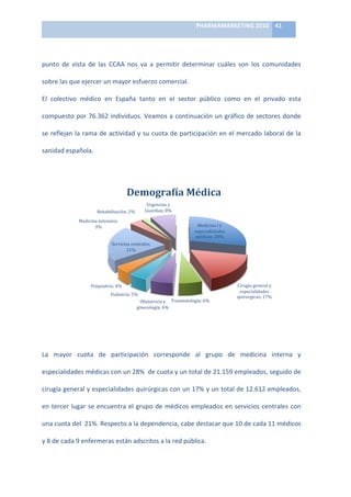 PHARMAMARKETING	
  2010	
   41	
  

                                                                                   	
  

punto	
   de	
   vista	
   de	
   las	
   CCAA	
   nos	
   va	
   a	
   permitir	
   determinar	
   cuáles	
   son	
   los	
   comunidades	
  

sobre	
  las	
  que	
  ejercer	
  un	
  mayor	
  esfuerzo	
  comercial.	
  

El	
   colectivo	
   médico	
   en	
   España	
   tanto	
   en	
   el	
   sector	
   público	
   como	
   en	
   el	
   privado	
   esta	
  

compuesto	
  por	
  76.362	
  individuos.	
  Veamos	
  a	
  continuación	
  un	
  gráfico	
  de	
  sectores	
  donde	
  

se	
  reflejan	
  la	
  rama	
  de	
  actividad	
  y	
  su	
  cuota	
  de	
  participación	
  en	
  el	
  mercado	
  laboral	
  de	
  la	
  

sanidad	
  española.	
  

	
  


                                                     DemograNía	
  Médica	
  
                                                                  Urgencias	
  y	
  
                                Rehabilitación;	
  2%	
          Guardias;	
  8%	
  

                     Medicina	
  intensiva;	
  
                            3%	
                                                                 Medicina	
  I	
  y	
  
                                                                                                especiallidades	
  
                                                                                                 médicas;	
  28%	
  
                                          Servicios	
  centrales;	
  
                                                 21%	
  




                            Psiquiatria;	
  4%	
                                                                          Cirugía	
  general	
  y	
  
                                                                                                                           especialidades	
  
                                         Pediatría;	
  5%	
                                                               quirurgicas;	
  17%	
  
                                                              Obstetricia	
  y	
   Traumatología;	
  6%	
  
                                                            ginecología;	
  6%	
  




                                                                                                                                                        	
  	
  

La	
   mayor	
   cuota	
   de	
   participación	
   corresponde	
   al	
   grupo	
   de	
   medicina	
   interna	
   y	
  

especialidades	
  médicas	
  con	
  un	
  28%	
  	
  de	
  cuota	
  y	
  un	
  total	
  de	
  21.159	
  empleados,	
  seguido	
  de	
  

cirugía	
  general	
  y	
  especialidades	
  quirúrgicas	
  con	
  un	
  17%	
  y	
  un	
  total	
  de	
  12.612	
  empleados,	
  

en	
   tercer	
   lugar	
   se	
   encuentra	
   el	
   grupo	
   de	
   médicos	
   empleados	
   en	
   servicios	
   centrales	
   con	
  

una	
  cuota	
  del	
  	
  21%.	
  Respecto	
  a	
  la	
  dependencia,	
  cabe	
  destacar	
  que	
  10	
  de	
  cada	
  11	
  médicos	
  

y	
  8	
  de	
  cada	
  9	
  enfermeras	
  están	
  adscritos	
  a	
  la	
  red	
  pública.	
  	
  
 