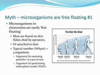 Myth – microorganisms are free floating #1
 Microorganisms in
cleanrooms are rarely ‘free
floating’
 Most are found on skin
flakes shed by operators.
 Or attached to dust
 Typical number (Whyte) =
4 organisms.
 Argument for assessing
particles >0.5 µm in size.
 Argument for positioning
settle plates inside UDAFs.
 