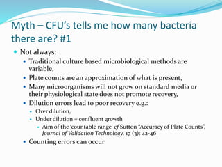 Myth – CFU’s tells me how many bacteria
there are? #1
 Not always:
 Traditional culture based microbiological methods are
variable,
 Plate counts are an approximation of what is present,
 Many microorganisms will not grow on standard media or
their physiological state does not promote recovery,
 Dilution errors lead to poor recovery e.g.:
 Over dilution,
 Under dilution = confluent growth
 Aim of the ‘countable range’ cf Sutton “Accuracy of Plate Counts”,
Journal of Validation Technology, 17 (3): 42-46
 Counting errors can occur
 