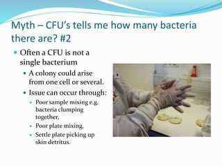 Myth – CFU’s tells me how many bacteria
there are? #2
 Often a CFU is not a
single bacterium
 A colony could arise
from one cell or several.
 Issue can occur through:
 Poor sample mixing e.g.
bacteria clumping
together,
 Poor plate mixing,
 Settle plate picking up
skin detritus.
 