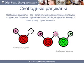 e-
e-
e-
e-
e-
e-
e-
Свободный радикал
Стабильная молекула
Свободные радикалы
e-
Свободные радикалы - это нестабильные высокоактивные молекулы
с одним или более неспаренными электронами, которые «отбирают»
электроны у других молекул.
 