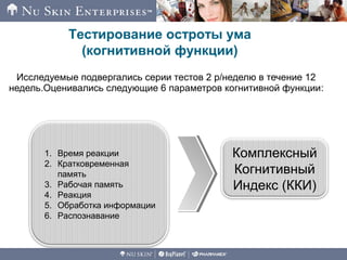 Исследуемые подвергались серии тестов 2 р/неделю в течение 12
недель.Оценивались следующие 6 параметров когнитивной функции:
Комплексный
Когнитивный
Индекс (ККИ)
1. Время реакции
2. Кратковременная
память
3. Рабочая память
4. Реакция
5. Обработка информации
6. Распознавание
Тестирование остроты ума
(когнитивной функции)
 