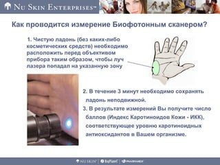 Как проводится измерение Биофотонным сканером?
2. В течение 3 минут необходимо сохранять
ладонь неподвижной.
3. В результате измерений Вы получите число
баллов (Индекс Каротиноидов Кожи - ИКК),
соответствующее уровню каротиноидных
антиоксидантов в Вашем организме.
1. Чистую ладонь (без каких-либо
косметических средств) необходимо
расположить перед объективом
прибора таким образом, чтобы луч
лазера попадал на указанную зону
 