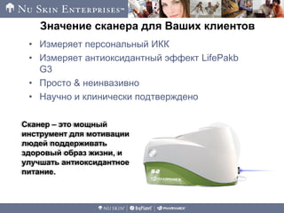 Значение сканера для Ваших клиентов
• Измеряет персональный ИКК
• Измеряет антиоксидантный эффект LifePakb
G3
• Просто & неинвазивно
• Научно и клинически подтверждено
Сканер – это мощный
инструмент для мотивации
людей поддерживать
здоровый образ жизни, и
улучшать антиоксидантное
питание.
 