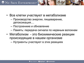 • Все клетки участвуют в метаболизме
– Производство энергии, пищеварение,
детоксикация....
– Построениие и обновление
– Память: передача сигнала по нервным волокнам
• Метаболизм - это биохимические реакции
происходящие в нашем организме
– Нутриенты участвуют в этих реакциях
 