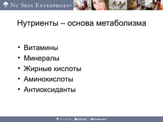 Нутриенты – основа метаболизма
• Витамины
• Минералы
• Жирные кислоты
• Аминокислоты
• Антиоксиданты
 