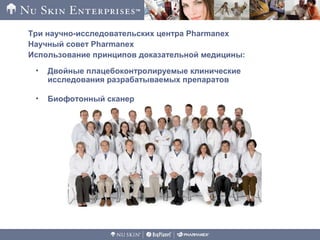 Три научно-исследовательских центра Pharmanex
Научный совет Pharmanex
Использование принципов доказательной медицины:
• Двойные плацебоконтролируемые клинические
исследования разрабатываемых препаратов
• Биофотонный сканер
 