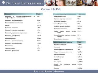 Состав Life Pak
Витамины 1 табл.
Витамины Е (D-альфа-токоферолацетат, D-
альфатокоферолы и токотриенолы)
25 мг
Витамин С (кальция аскорбат) 62,5 мг
Витамин В12 (цианокобаламин) 2,5 мкг
Биотин 0,038 мг
D-кальция пантотенат 3,75 мг
Витамин В1
(тиамина мононитрат) 0,95 мг
Витамин В6
(пиридоксина гидрохлорид) 1,25 мг
Витамин В2
(рибофлавин) 1,075 мг
Фолиевая кислота 62,5 мкг
Витамин А (ретинилпальмитат) 250 мкг
Витамин D (холекальциферол) 1,25 мкг
Никотинамид 5 мг
Липоевая кислота 3,75 мг
Витамин К (фитонадион) 5 мкг
Минеральные вещества 1 табл.
Хром (хрома сульфат) 25 мкг
Марганец (марганца глюконат) 0,5 мг
Медь (меди глюконат) 0,25 мг
Селен (Натрия селенит) 15 мг
Молибден (натрия молибдат) 9,375 мкг
Цинк (цинка глюканат) 1,875 мг
Магний (магния цитрат, магния
оксид)
31,25 мг
Кальций (кальция карбонат, кальция
цитрат)
62,5 мг
Железо (железа глюконат) 0,375 мг
Биологичеси активные вещества 1 табл.
Экстракт зеленого чая 17,5 мг
Кверцетин 6,25 мг
Микс полифенолов и флавоноидов 24,4
Экстракт виноградных косточек 3,125 мг
Лейкоантоцианины 2,5 мг
Холина битартрат 4,25 мг
Инозитол 1,25 мг
Бета-каротин 0,488 мг
Лютеин (из экстракта цветов
календулы)
0,25 мг
Ликопин 0,625 мг
 