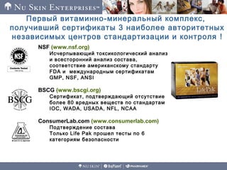 NSF (www.nsf.org)
Исчерпывающий токсикологический анализ
и всесторонний анализ состава,
соответствие американскому стандарту
FDA и международным сертификатам
GMP, NSF, ANSI
BSCG (www.bscgi.org)
Сертификат, подтверждающий отсутствие
более 80 вредных веществ по стандартам
IOC, WADA, USADA, NFL, NCAA
ConsumerLab.com (www.consumerlab.com)
Подтверждение состава
Только Life Pak прошел тесты по 6
категориям безопасности
Первый витаминно-минеральный комплекс,
получивший сертификаты 3 наиболее авторитетных
независимых центров стандартизации и контроля !
 
