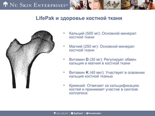 LifePak и здоровье костной ткани
• Кальций (500 мг): Основной минерал
костной ткани
• Магний (250 мг): Основной минерал
костной ткани
• Витамин D (30 мг): Регулирует обмен
кальция и магния в костной ткани
• Витамин K (40 мкг): Участвует в освоении
кальция костной тканью
• Кремний: Отвечает за кальцификацию
костей и принимает участие в синтезе
коллагена
 