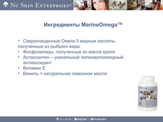 Ингредиенты MarineOmega™
• Сверхочищенные Омега-3 жирные кислоты,
полученные из рыбьего жира
• Фосфолипиды, полученные из масла криля
• Астаксантин – уникальный липокаротиноидный
антиоксидант
• Витамин E
• Ваниль + натуральное лимонное масло
 