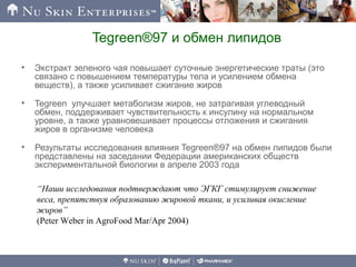 Tegreen®97 и обмен липидов
• Экстракт зеленого чая повышает суточные энергетические траты (это
связано с повышением температуры тела и усилением обмена
веществ), а также усиливает сжигание жиров
• Tegreen улучшает метаболизм жиров, не затрагивая углеводный
обмен, поддерживает чувствительность к инсулину на нормальном
уровне, а также уравновешивает процессы отложения и сжигания
жиров в организме человека
• Результаты исследования влияния Tegreen®97 на обмен липидов были
представлены на заседании Федерации американских обществ
экспериментальной биологии в апреле 2003 года
“Наши исследования подтверждают что ЭГКГ стимулирует снижение
веса, препятствуя образованию жировой ткани, и усиливая окисление
жиров”
(Peter Weber in AgroFood Mar/Apr 2004)
 