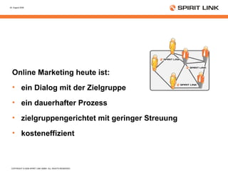 Online Marketing heute ist: ein Dialog mit der Zielgruppe ein dauerhafter Prozess zielgruppengerichtet mit geringer Streuung kosteneffizient 