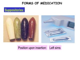 Suppositories: FORMS OF MEDICATION Position upon insertion: Left sims 