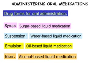 Emulsion: Suspension: Syrup: Sugar-based liquid medication Water-based liquid medication Oil-based liquid medication Elixir: Alcohol-based liquid medication Drug forms for oral administration: ADMINISTERING ORAL MEDICATIONS 