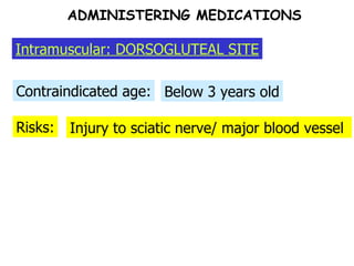 Risks: Contraindicated age: Below 3 years old Injury to sciatic nerve/ major blood vessel  ADMINISTERING MEDICATIONS Intramuscular: DORSOGLUTEAL SITE 
