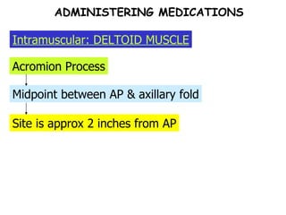 Site is approx 2 inches from AP Midpoint between AP & axillary fold Acromion Process ADMINISTERING MEDICATIONS Intramuscular: DELTOID MUSCLE 