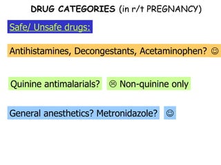 Safe/ Unsafe drugs: Antihistamines, Decongestants, Acetaminophen?  Quinine antimalarials?    Non-quinine only General anesthetics? Metronidazole?  DRUG CATEGORIES  (in r/t PREGNANCY) 