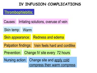 Skin appearance: Skin temp: Causes: Thrombophlebitis: Irritating solutions, overuse of vein Warm Redness and edema Palpation findings: Vein feels hard and cordlike Prevention: Change IV site every  72 hours Nursing action: Change site and  apply cold compress then warm compress IV INFUSION COMPLICATIONS 