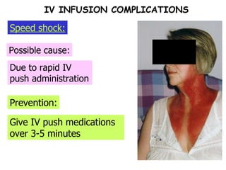 Prevention: Possible cause: Due to rapid IV push administration Give IV push medications over 3-5 minutes IV INFUSION COMPLICATIONS Speed shock: 