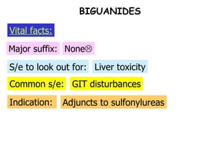 Common s/e: S/e to look out for: Major suffix: None  Liver toxicity GIT disturbances Indication: Adjuncts to sulfonylureas BIGUANIDES Vital facts: 