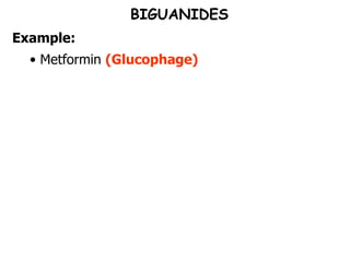 BIGUANIDES Example: Metformin  (Glucophage) 