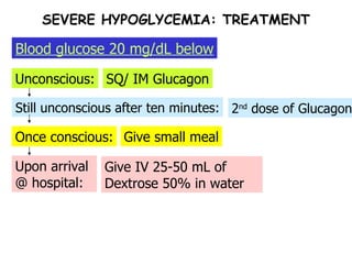 Upon arrival @ hospital: Once conscious: Still unconscious after ten minutes: Unconscious: Blood glucose 20 mg/dL below SEVERE HYPOGLYCEMIA: TREATMENT SQ/ IM Glucagon 2 nd  dose of Glucagon Give small meal Give IV 25-50 mL of Dextrose 50% in water 